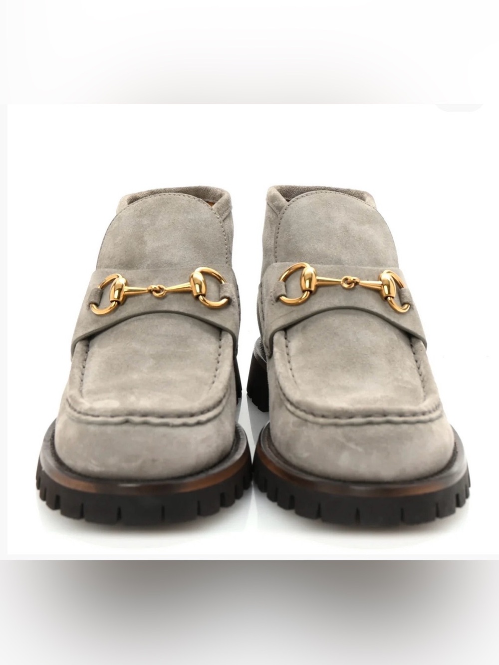 Gucci Light Grey Suede Loafers with Gold Horsebit - 38.5